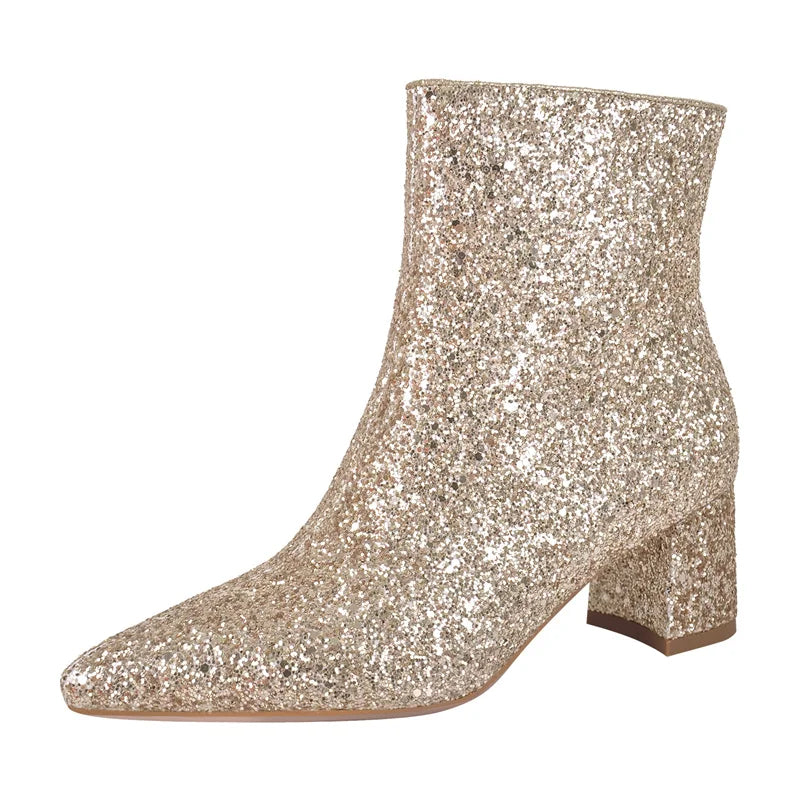 Rhinestone Ankle Boots Pointed Toe Glitter Gold Block Heel  Side Zip Female Boots