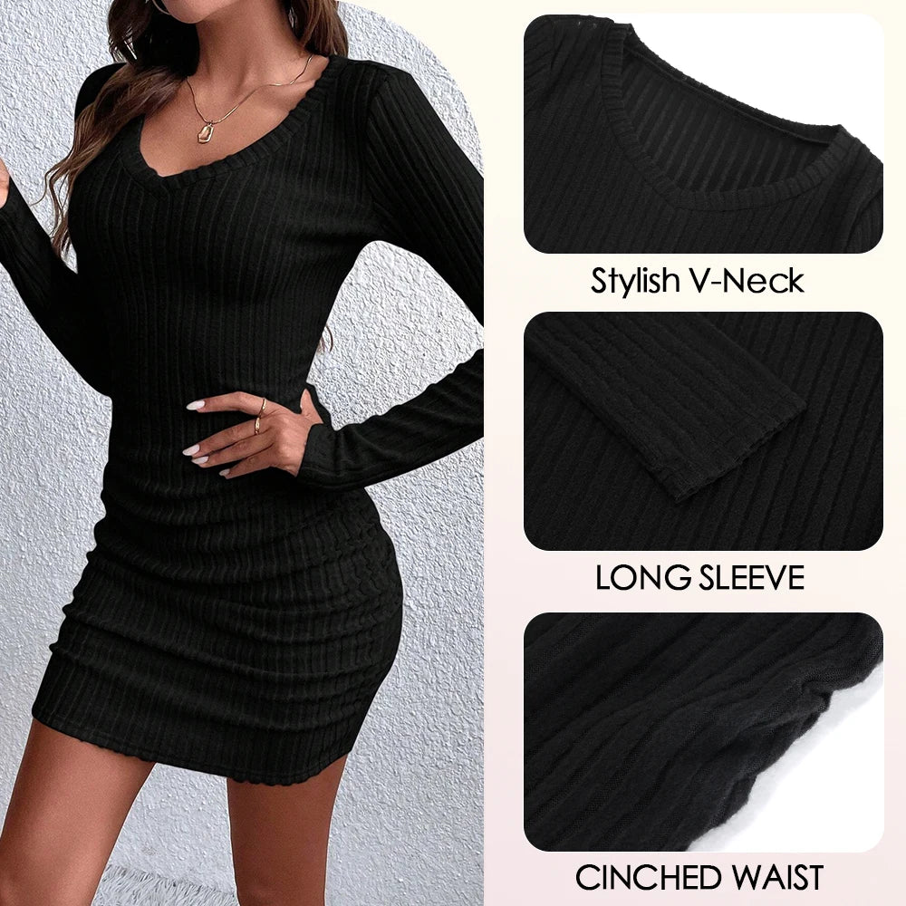 Women's Dresses Fall Winter Ribbed Knitted Slim Plain Sexy V-Neck Bodysuit Mini Casual Long Sleeve Short Dresses