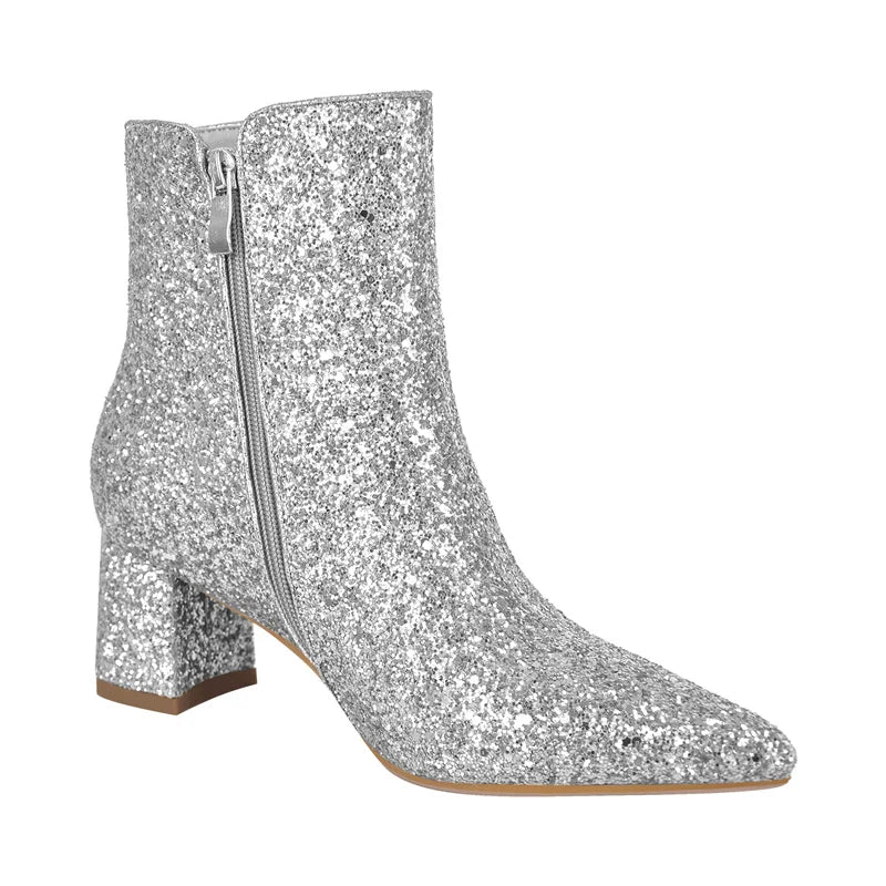 Rhinestone Ankle Boots Pointed Toe Glitter Gold Block Heel  Side Zip Female Boots