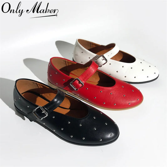 Women Round Toe Rivets Mary Jane Flats Buckles Fashion 2024 New Woman Big Size Summer Shoes