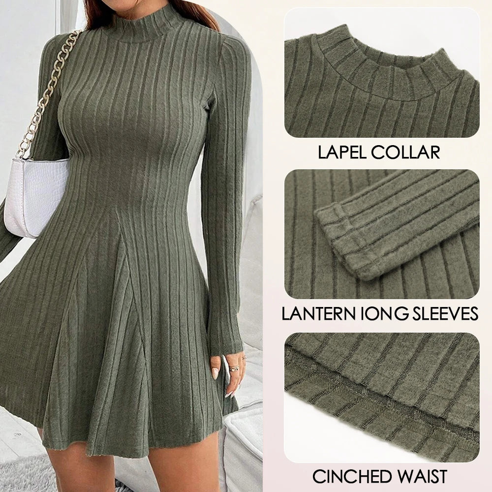 Women's Dresses Fall Winter Simple Solid Colour Long Sleeve Mock Neck A Line High Waisted Flare Hem Casual Short Dresses