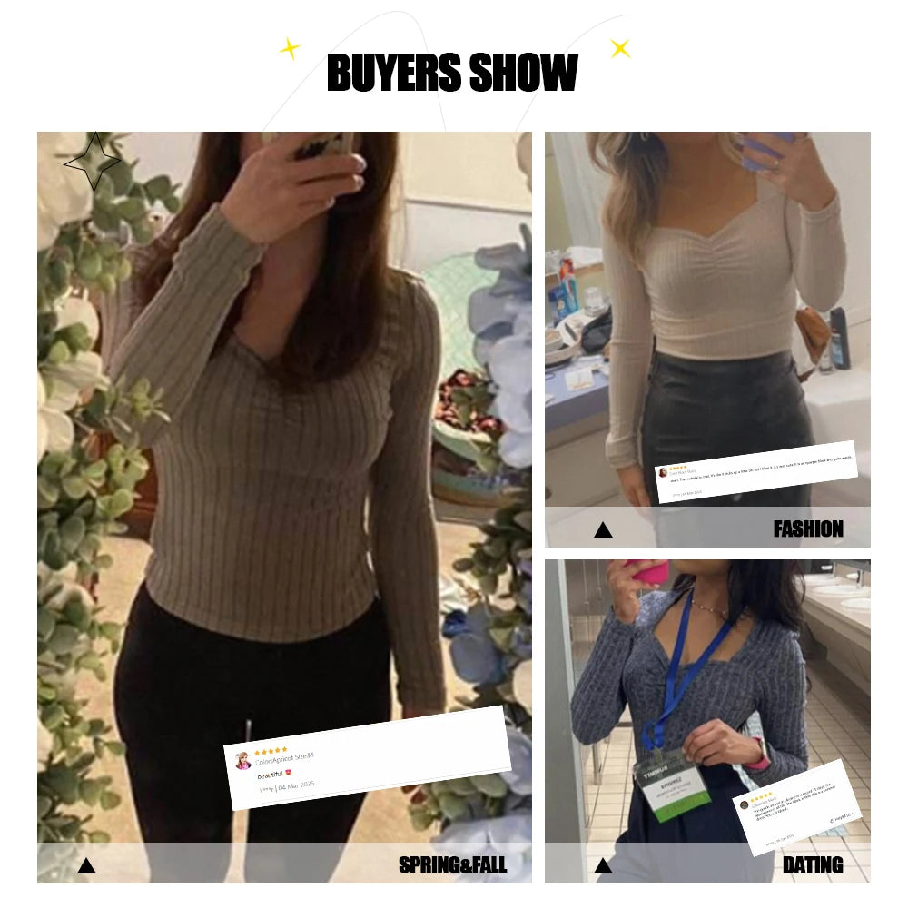 Slim Fit T-Shirts Sweetheart Neck Long Sleeve Solid Colour Autumn Casual Basic Tops  Women's Blouses Deals