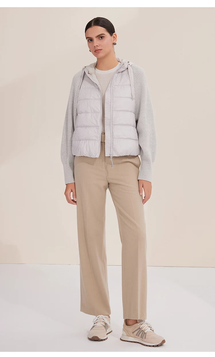 Women's Warm and Stylish Premium Down Jacket, 7-Gauge Luxury Coat With Pure Cashmere Knitted Sleeves
