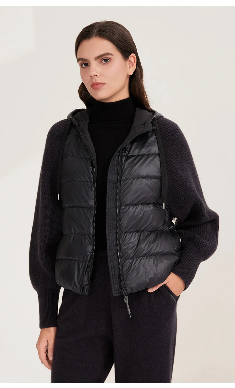 Women's Warm and Stylish Premium Down Jacket, 7-Gauge Luxury Coat With Pure Cashmere Knitted Sleeves