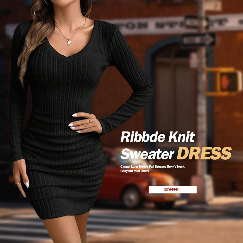 Women's Dresses Fall Winter Ribbed Knitted Slim Plain Sexy V-Neck Bodysuit Mini Casual Long Sleeve Short Dresses