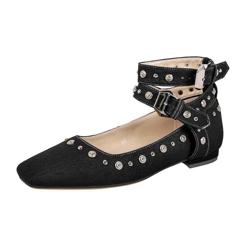 Women White Square Toe Buckle Strap Mary Jane Flats  Elegant Big Size Daily Flats Pumps