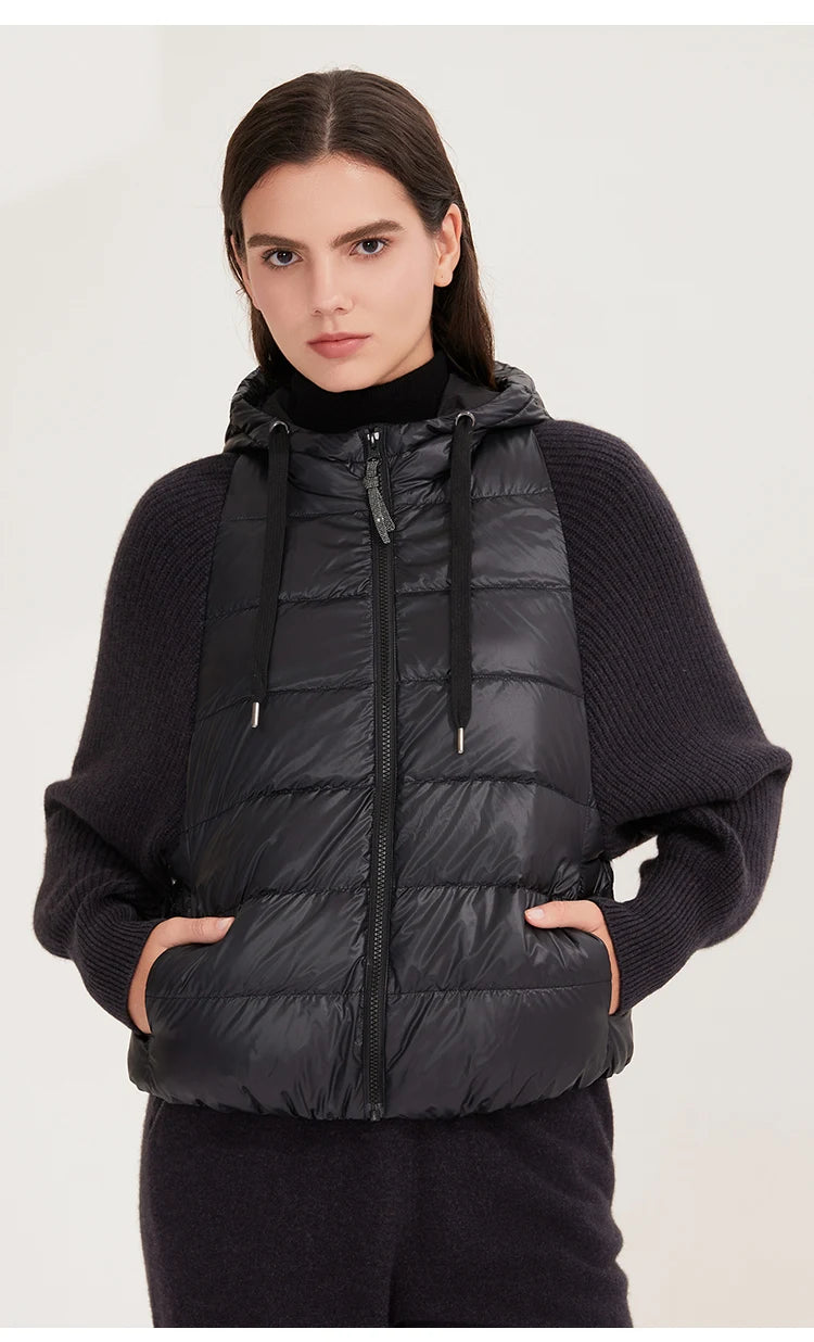 Women's Warm and Stylish Premium Down Jacket, 7-Gauge Luxury Coat With Pure Cashmere Knitted Sleeves