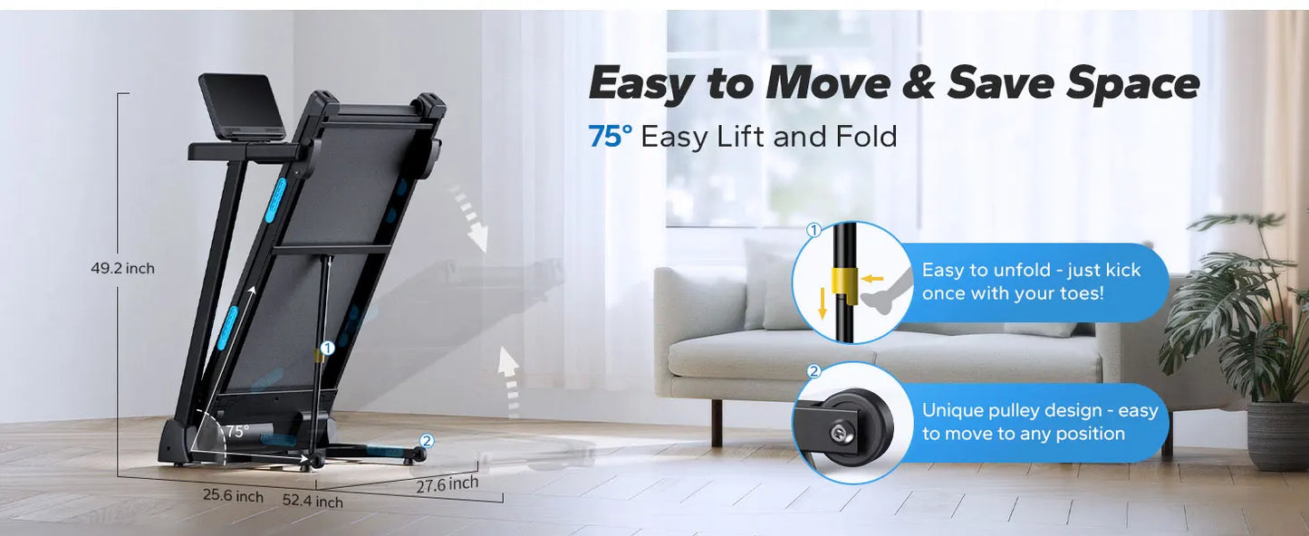 Foldable Treadmill T12 Incline 0.8-12km/H Walking Pad Save Space LED Display APP Heart Rate Monitoring 16.5" Wider Belt