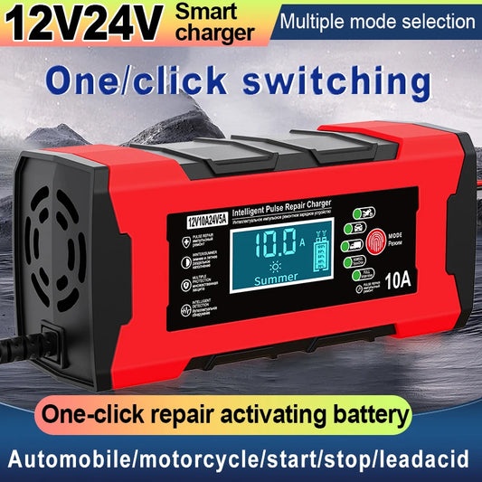 24 V 5 A 12 V 10 A Batterieladegerät, intelligentes Schnellladen für Autobatterien, 7-stufige Ladung, Impulsreparatur für AGM GEL, NASS, Blei-Säure