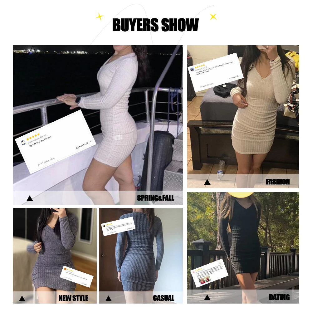 Women's Dresses Fall Winter Ribbed Knitted Slim Plain Sexy V-Neck Bodysuit Mini Casual Long Sleeve Short Dresses