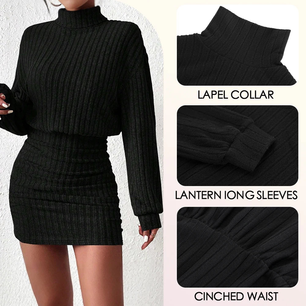 Damen Kleider Herbst Winter Casual Einfarbig Strickpullover Lange Laternenärmel Stehkragen Mini A-Linie Kurze Kleider