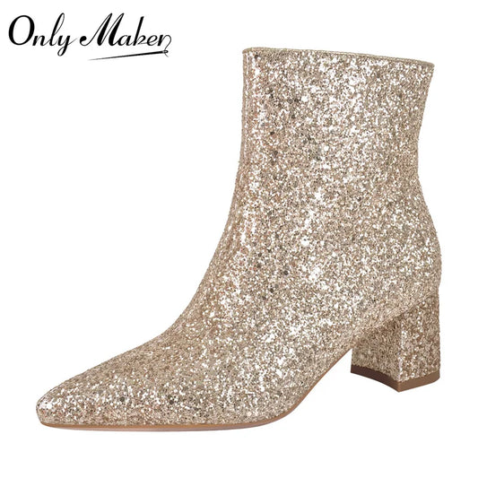 Rhinestone Ankle Boots Pointed Toe Glitter Gold Block Heel  Side Zip Female Boots