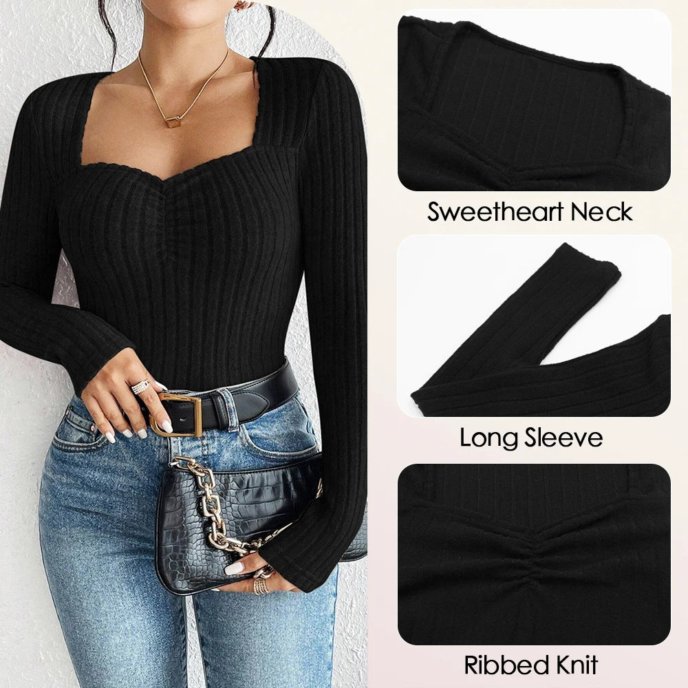 Slim Fit T-Shirts Sweetheart Neck Long Sleeve Solid Colour Autumn Casual Basic Tops  Women's Blouses Deals