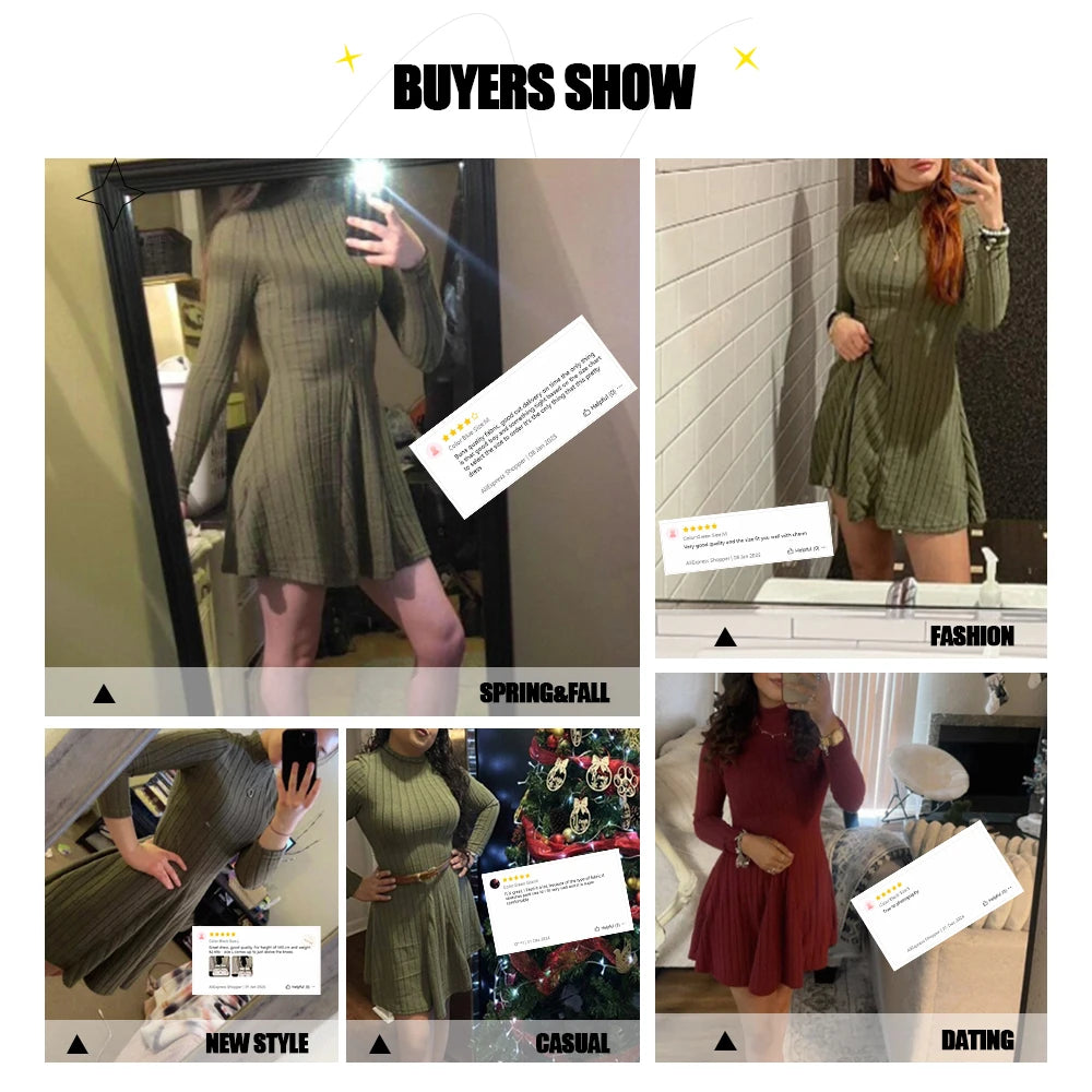 Women's Dresses Fall Winter Simple Solid Colour Long Sleeve Mock Neck A Line High Waisted Flare Hem Casual Short Dresses