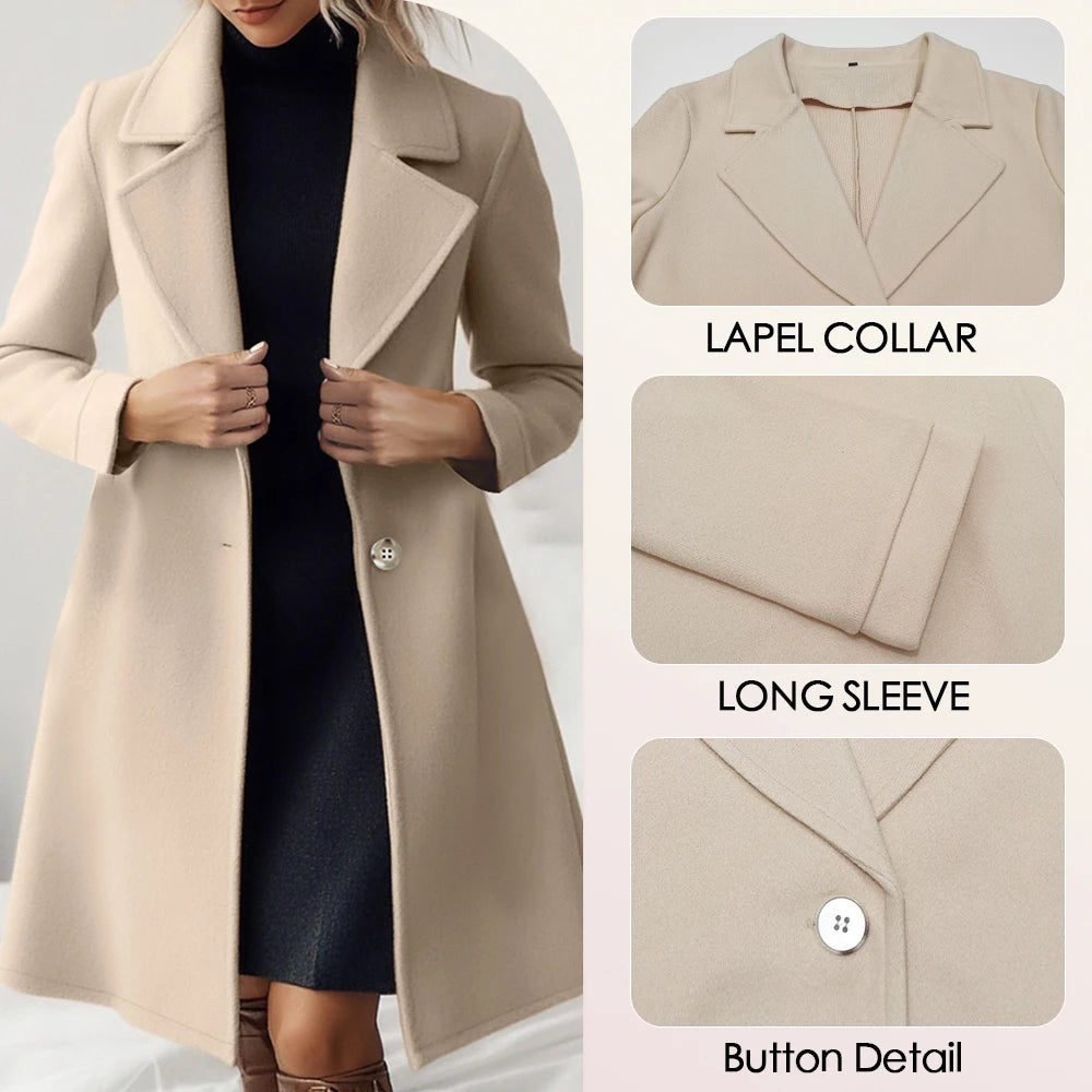 Women's Single Breasted Maxi Coat French Apricot Lapel Long Sleeve Loose Fit Casual Autumn Winter Overcoats