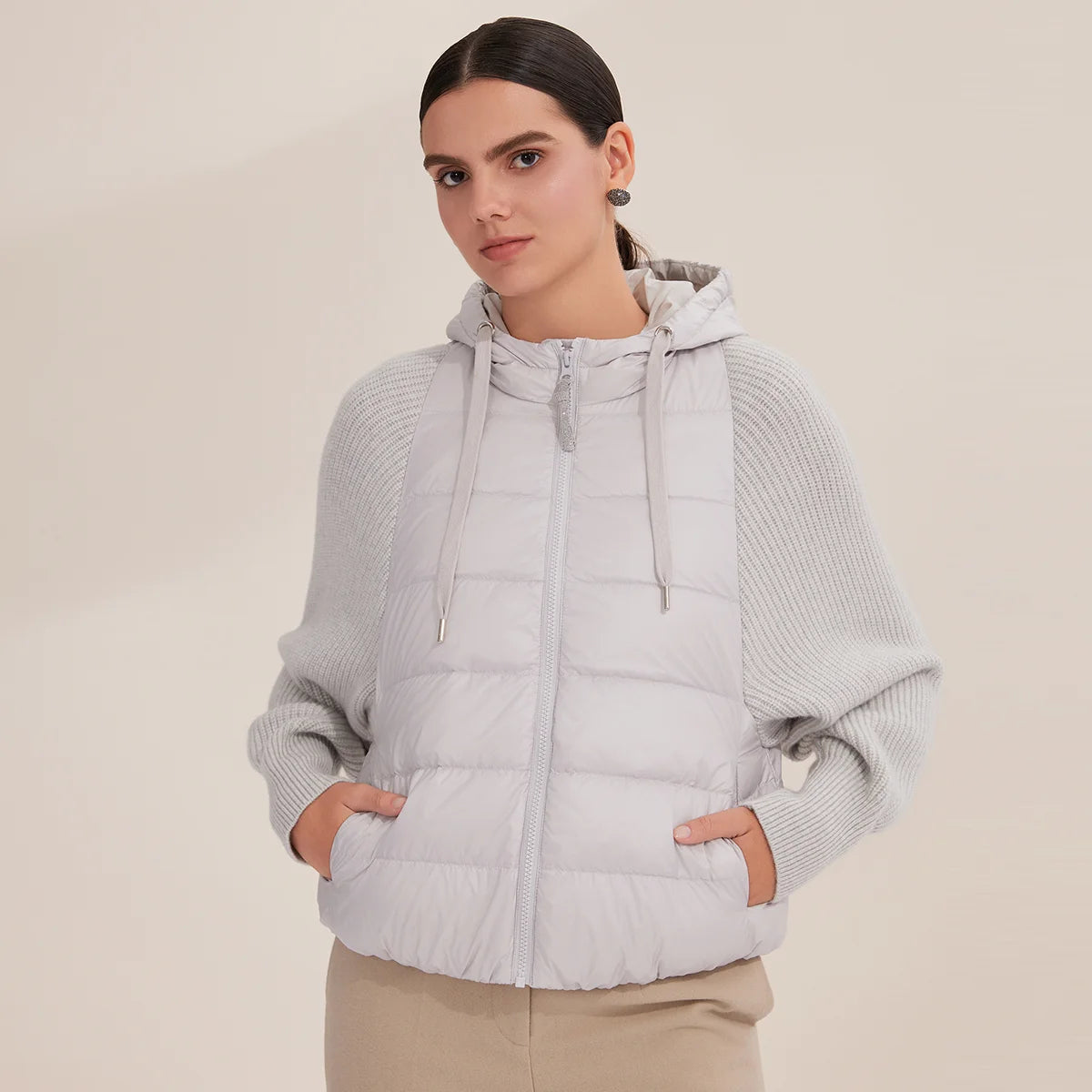 Women's Warm and Stylish Premium Down Jacket, 7-Gauge Luxury Coat With Pure Cashmere Knitted Sleeves