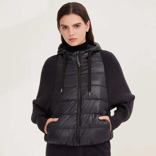 Women's Warm and Stylish Premium Down Jacket, 7-Gauge Luxury Coat With Pure Cashmere Knitted Sleeves