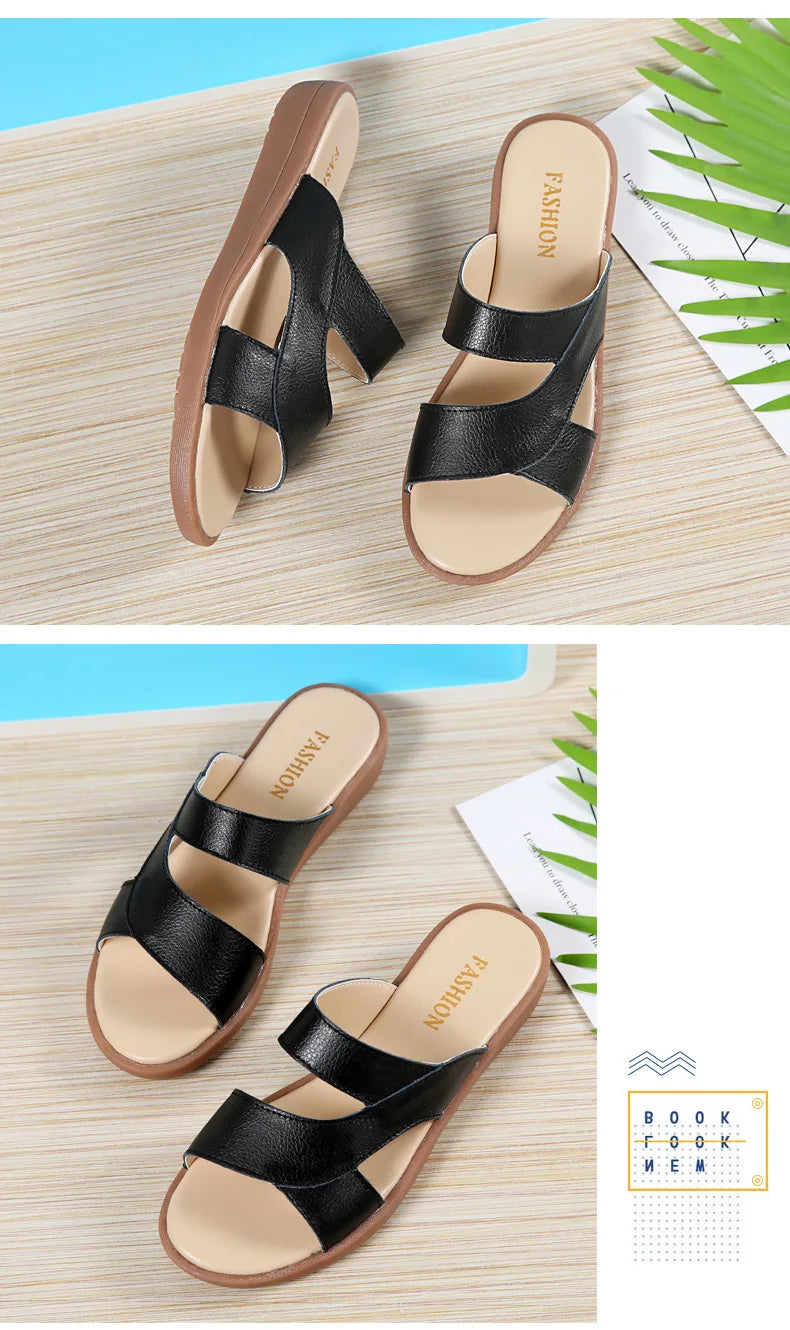Women Old Mother Female Ladies Shoes Sandals Cow Genuine Leather Slip On Summer Beach Casual Size 35-40 YL-1802