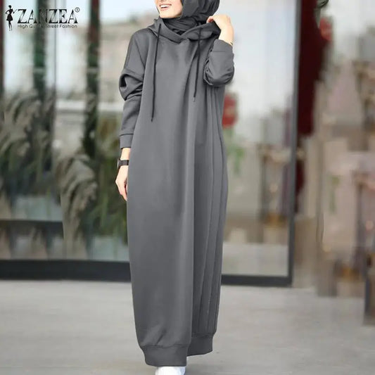 Women Winter Pullovers Stylish Hooded Dress Casual Long Sleeve Maxi Vestidos Female Drawstring Robe Femme