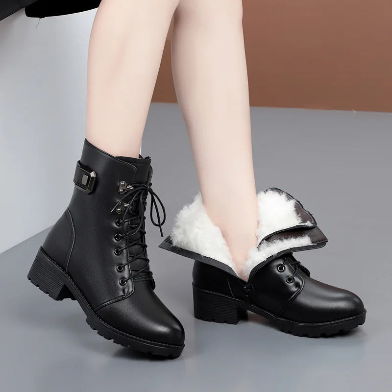 Female Ladies Women Genuine Leather Ankle Boots Platform Winter Autumn Plush Fur Warm Shoes Plus Size Lace Up 35-43