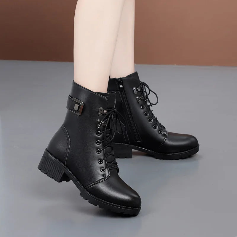 Female Ladies Women Genuine Leather Ankle Boots Platform Winter Autumn Plush Fur Warm Shoes Plus Size Lace Up 35-43