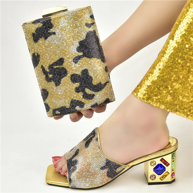 Women's Italian Luxury Shoes with Bag Set Decorated with Rhinestone Open Toe Pumps for party
