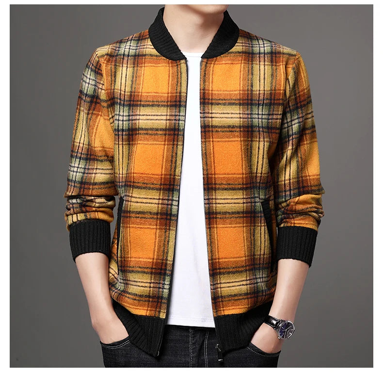 Men's Top Quality Woollen Thick Velvet Plaid Casual Baseball Collar Jacket, Korean Windbreaker Male Coats