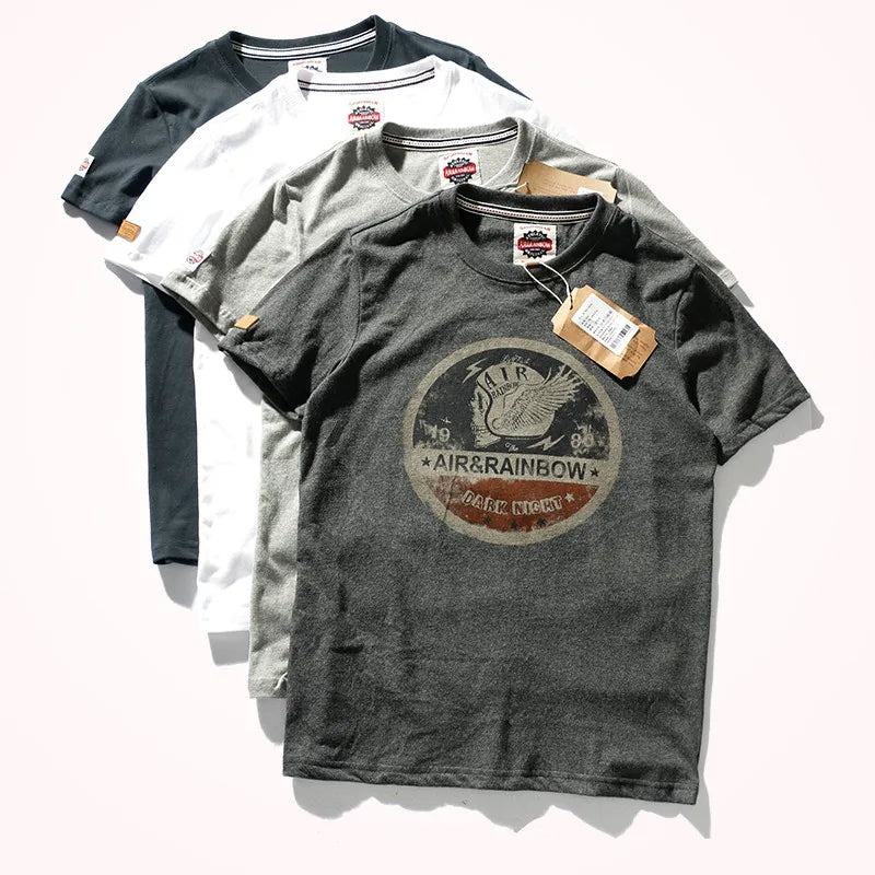 Zomer Nieuw Korte Mouw O-hals Bedrukt T-shirt Herenmode 100% Katoen Gewassen Oude Losse Geborstelde Stof Grote Maten Casual Tops