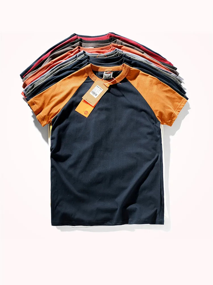 2023 Zomer Nieuw Raglanmouwen Tweekleurig Gestikt T-shirt Herenmode Korte mouwen Ronde hals 100% Katoen Casual Bottoming Top