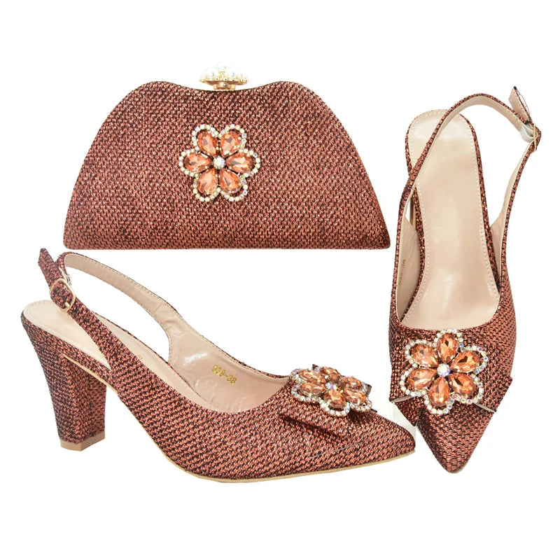 African Shoes and Bags Matching Set Decorated with Rhinestone Nigerian Shoes and Matching Bag