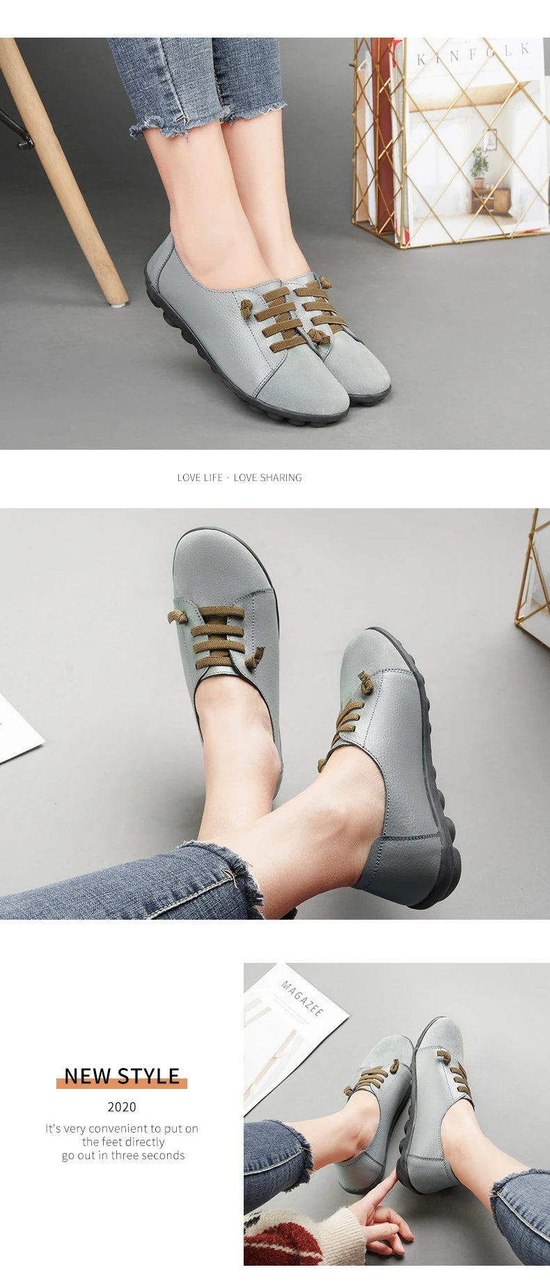 Women's Genuine Leather Mother Ladies Shoes Flats Loafers Ballerina Lace Up Soft Moccasins Plus Size 43 44 MX-052