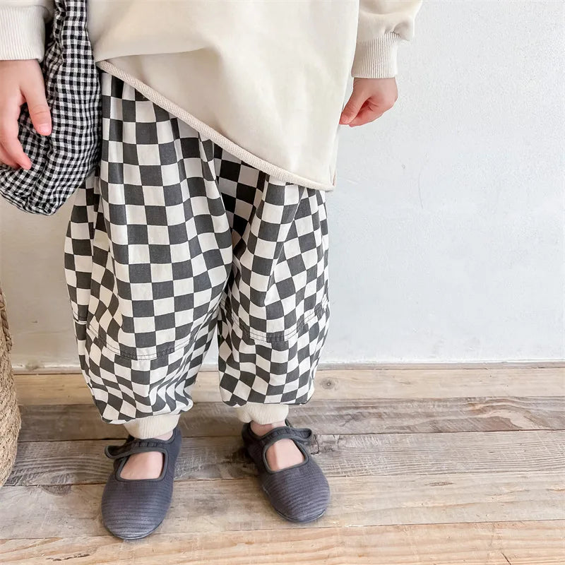Autumn New Kids Clothes Cotton Plaid Harem Pants Boys And Girls Casual Pants For Children 12M-6T Unisex