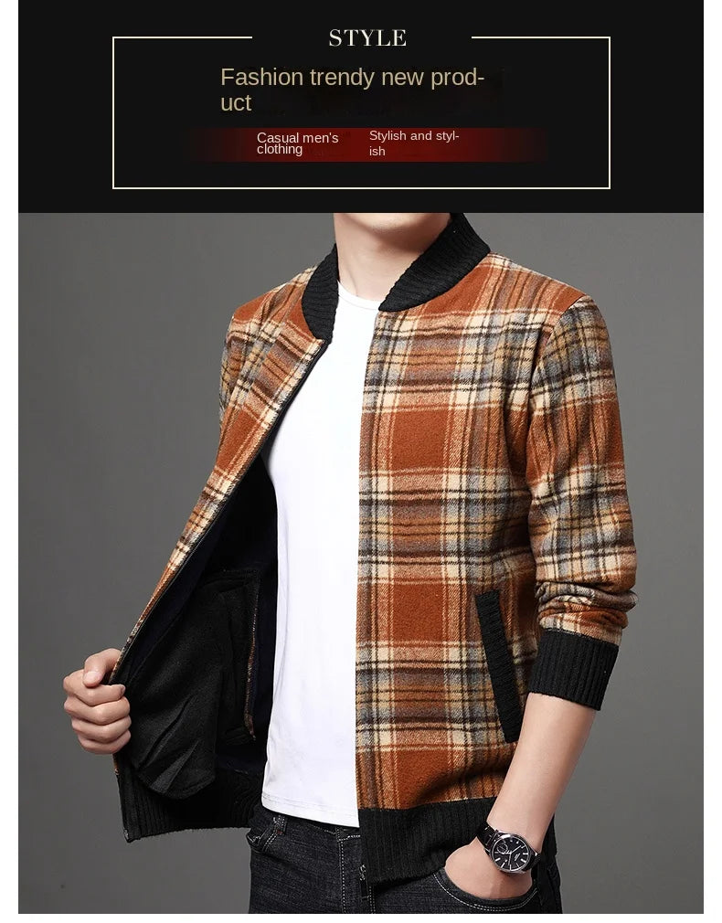 Men's Top Quality Woollen Thick Velvet Plaid Casual Baseball Collar Jacket, Korean Windbreaker Male Coats