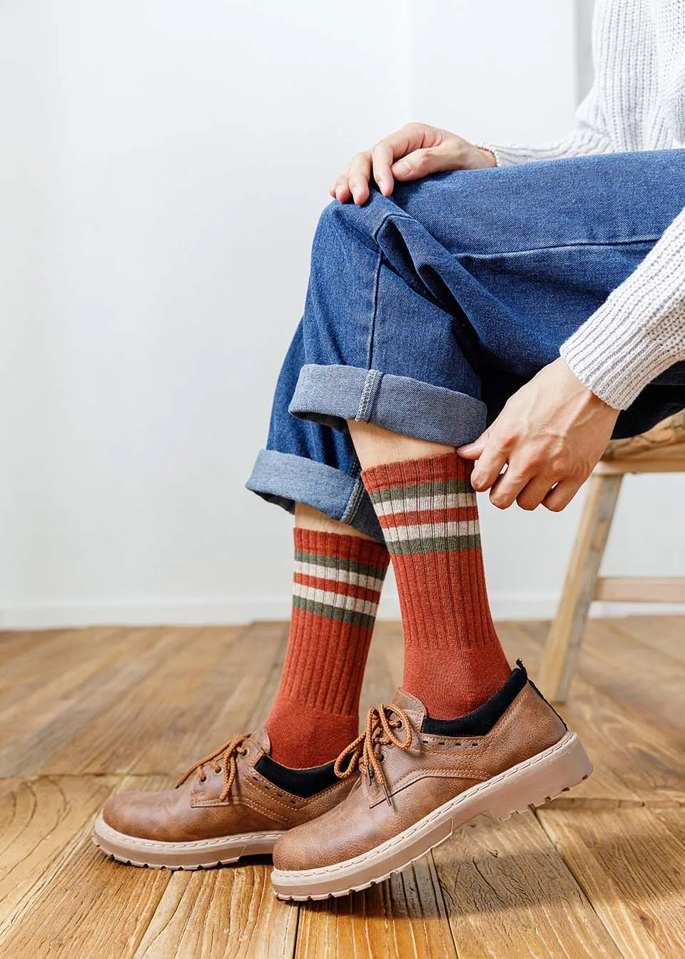 5 Pairs Winter Men's Cotton Tube Socks Harajuku Retro Thick Warm Striped Plus Size Long Terry Socks