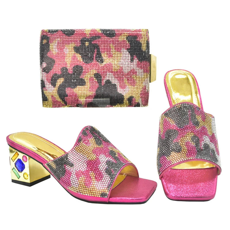 Women's Italian Luxury Shoes with Bag Set Decorated with Rhinestone Open Toe Pumps for party