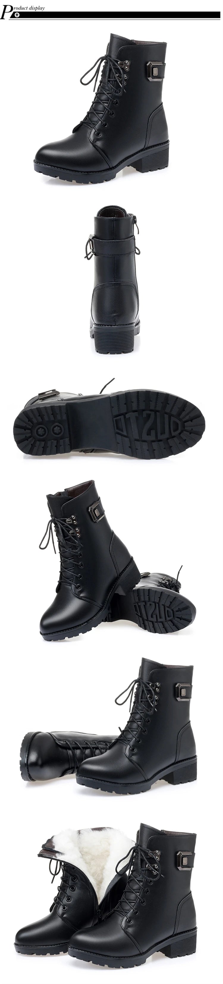 Female Ladies Women Genuine Leather Ankle Boots Platform Winter Autumn Plush Fur Warm Shoes Plus Size Lace Up 35-43