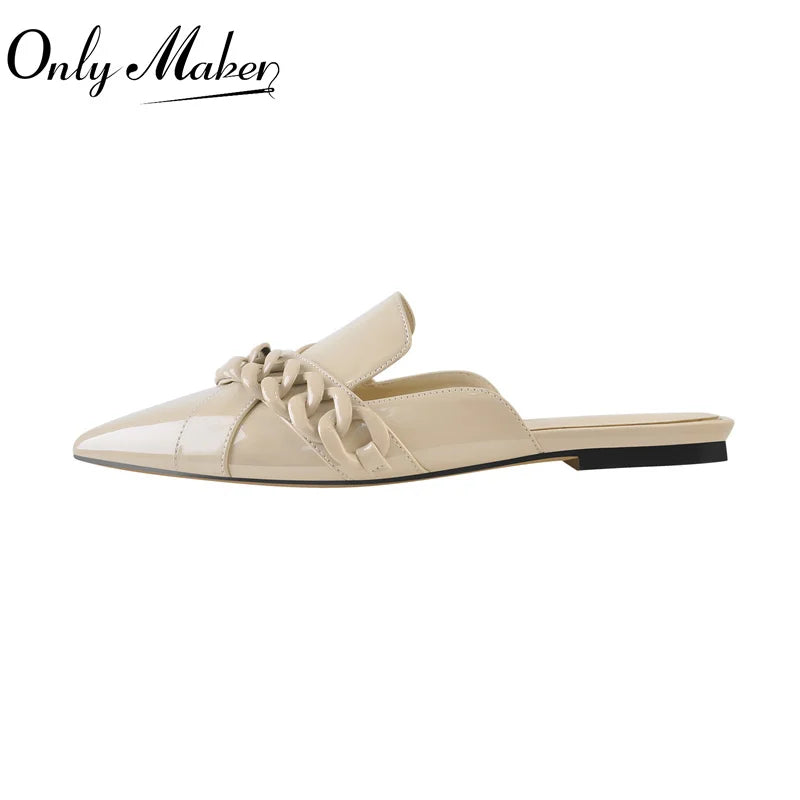 Women Slip-On Sandals Pointed Toe Chain Decoration Patent Leather Khaki Shoes For Woman Daily Concise Summer Flats