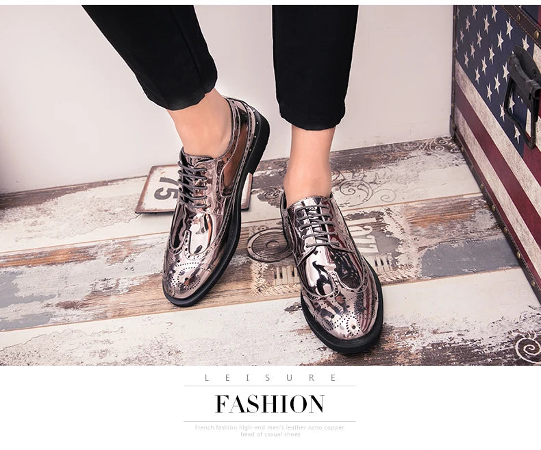 Fashionable Mens Silver Brogue Shoes New Cool Male Formal Evening Shoes Large Size 38-46 Wedding Dress Shoes for Men
