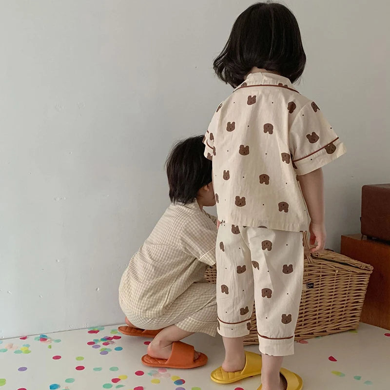 Summer Kids Pajamas Korean Print Suit for Boys and Girls Casual Cotton Sleepwear For Children 2-6T Unisex
