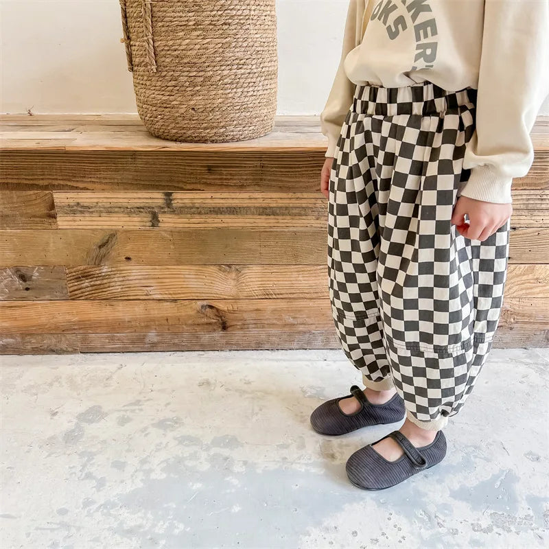 Autumn New Kids Clothes Cotton Plaid Harem Pants Boys And Girls Casual Pants For Children 12M-6T Unisex