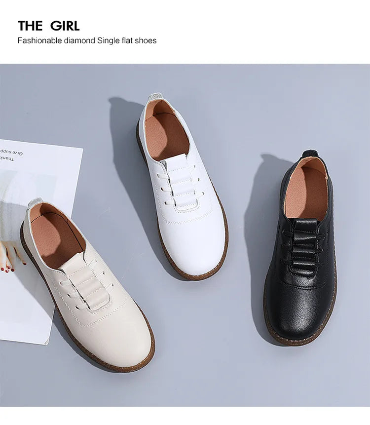 Women Ladies Mother Female Genuine Leather Flats Loafers White Shoes Soft Non Slip Vulcanized Shoes Size 35-41