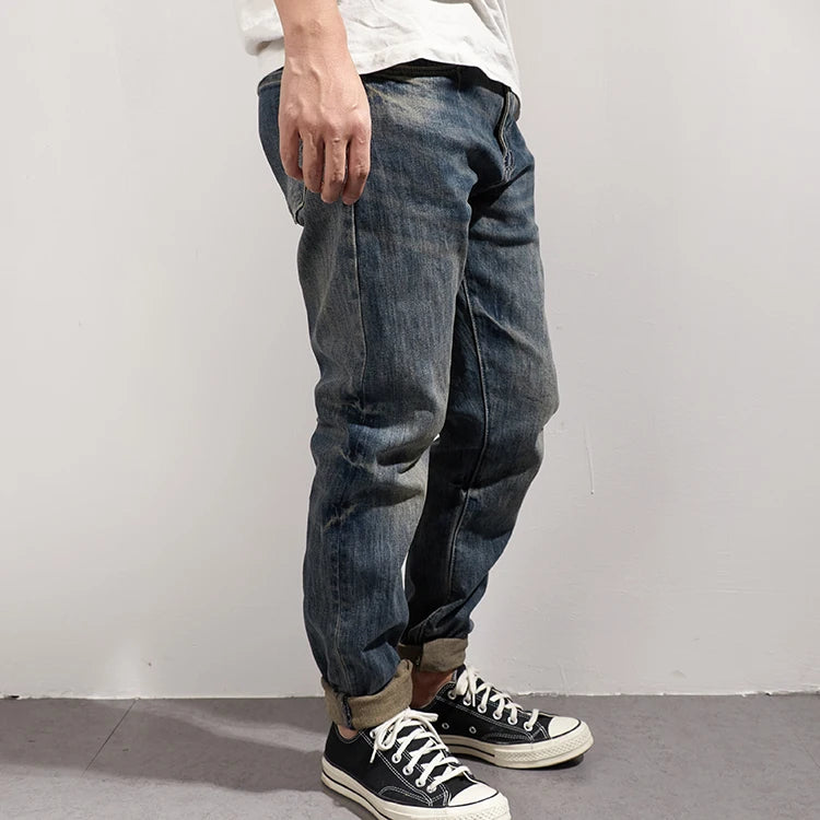 353# Autumn and Winter New Japanese Retro Heavyweight Tooling Jeans Men's Fashion Washed Old Straight Loose Elastic Casual Pants