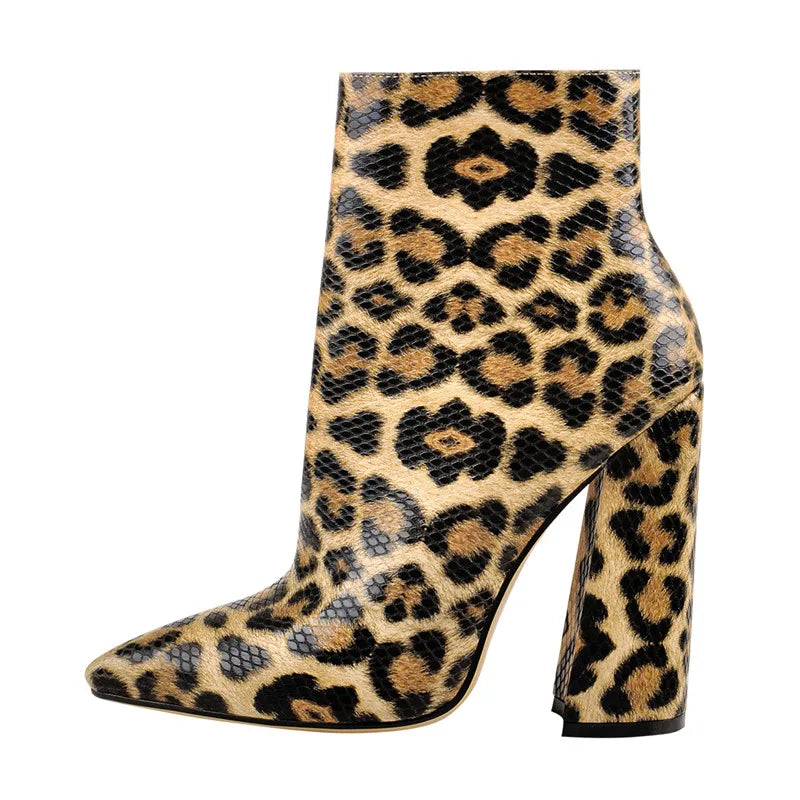 Women Pointed Toe 10CM Leopard Chunky Heels Ankle Boots Side Zipper High Heel Thick Autumn Booties