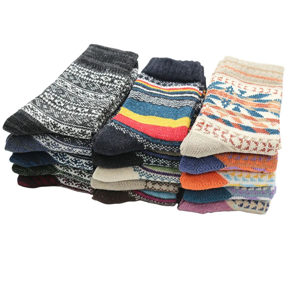 5 Pairs Winter Men's Wool Socks Harajuku Retro Warm Thick Comfortable Knitted Casual Striped Socks