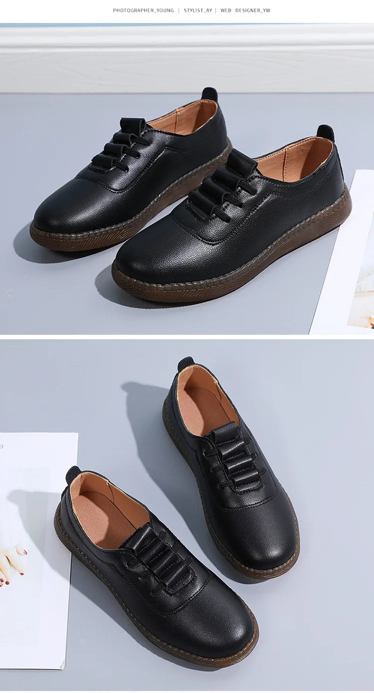 Women Ladies Mother Female Genuine Leather Flats Loafers White Shoes Soft Non Slip Vulcanized Shoes Size 35-41