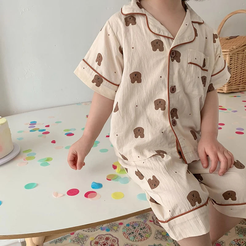 Summer Kids Pajamas Korean Print Suit for Boys and Girls Casual Cotton Sleepwear For Children 2-6T Unisex