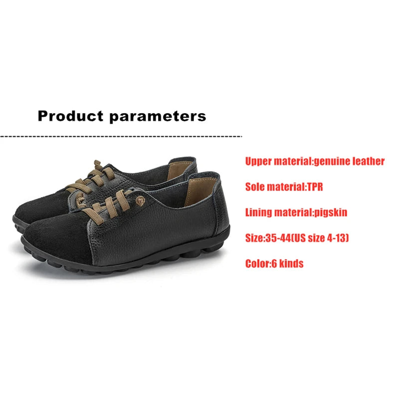 Women's Genuine Leather Mother Ladies Shoes Flats Loafers Ballerina Lace Up Soft Moccasins Plus Size 43 44 MX-052