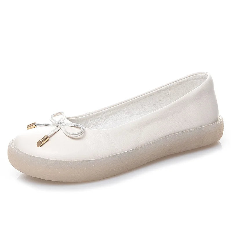 Women's Ladies Female Mother White Genuine Leather Shoes Flats Non Slip On Casual Bow Plus Size 43 42 JZ-19111