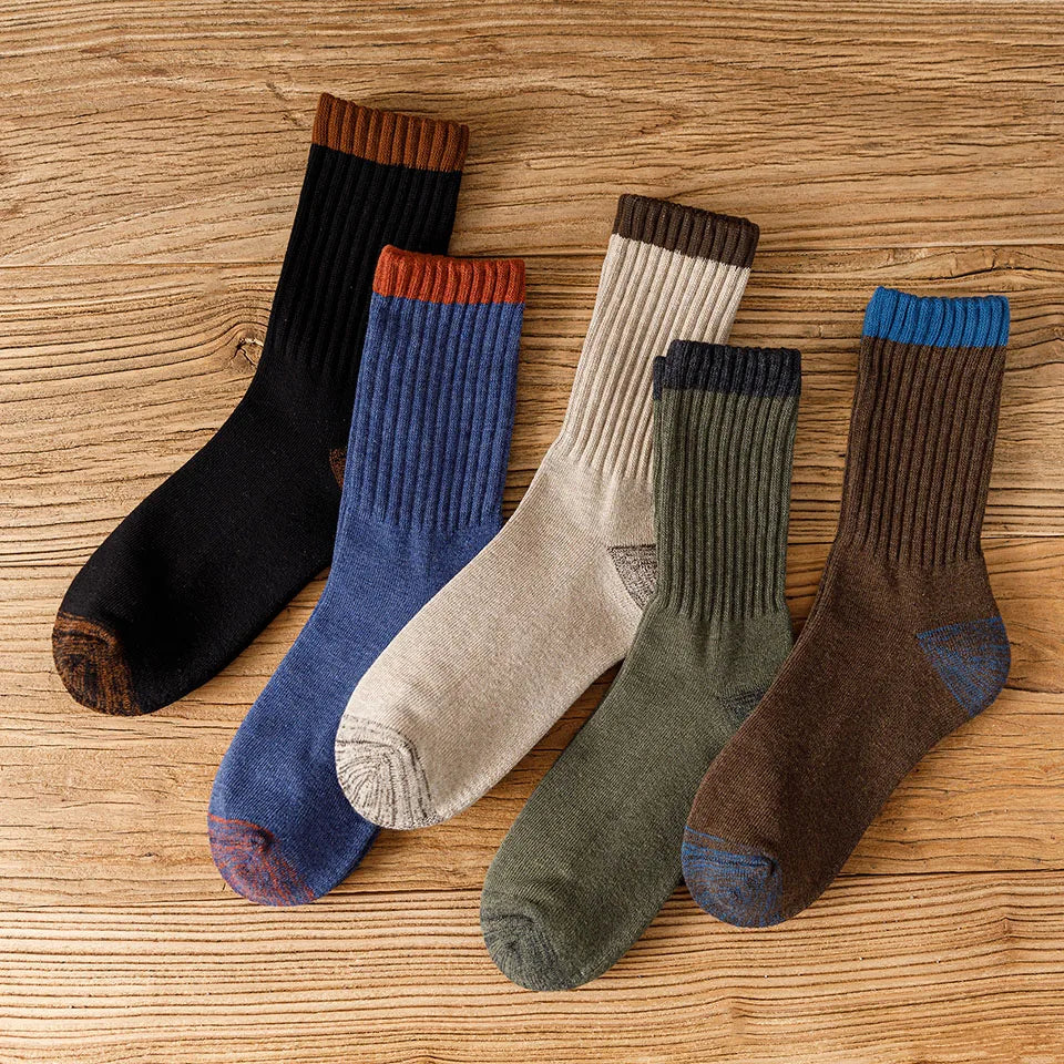 5 Pairs Winter Men's Cotton Tube Socks Harajuku Retro Thick Warm Striped Plus Size Long Terry Socks