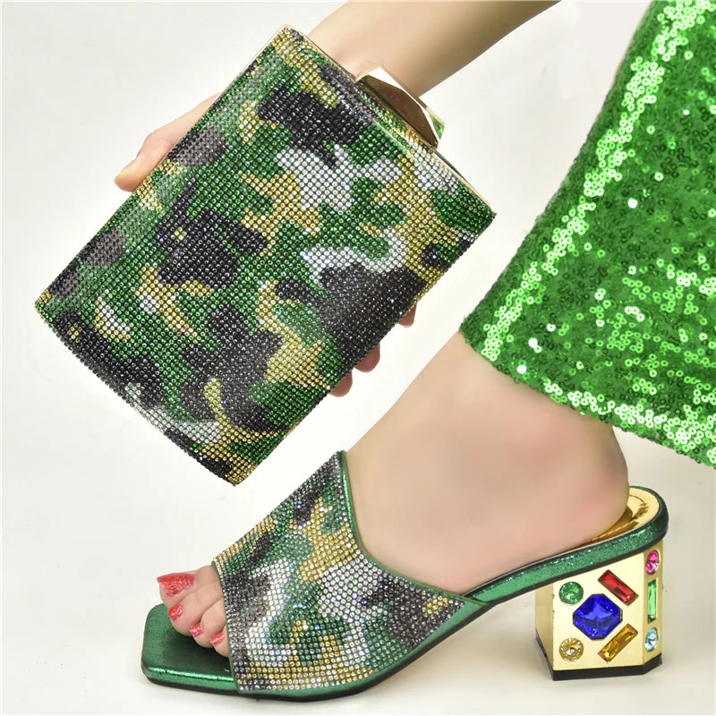 Women's Italian Luxury Shoes with Bag Set Decorated with Rhinestone Open Toe Pumps for party